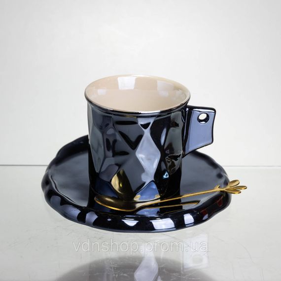 Чашка фарфоровая для кофе 200 (мл) с блюдцем и ложкой, красивая чашка в подарок Черный FM-2A | Зображення 3