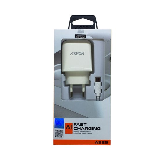 Мережевий зарядний пристрій Aspor A829 2 USB/2.4 A + USB кабель Micro-білий | Зображення 4