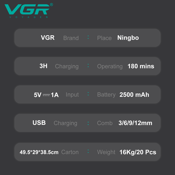 Акумуляторна машинка для стрижки VGR V-138 GOLD, 4 насадки, 7000 RPM, 2500 mAh, LED дисплей | Зображення 5