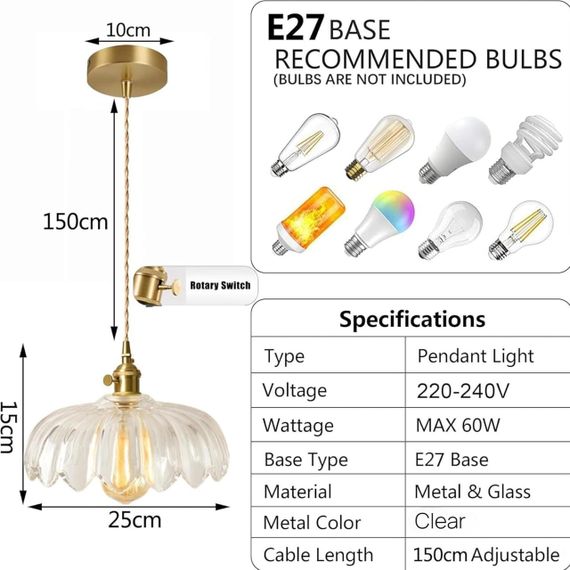 Подвесной светильник люстра 25см стеклянный абажур лотос в винтажном стиле с латунным патроном E27, прозрачный | Зображення 1