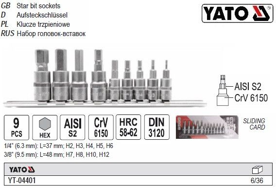 Набор головок YATO Польща 6 граней 1/2" 3/8" М2-М12 9 штук YT-04401