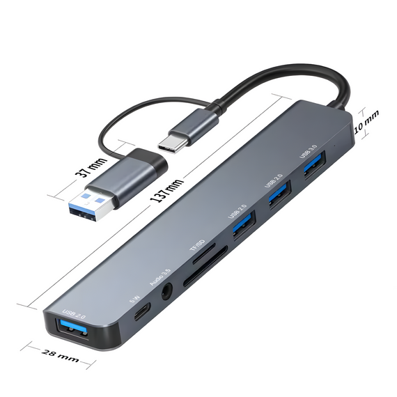 USB Type-C хаб концентратор 8 в 1 SD TF USB 3.0 2.0 3.5 мм Aux з перехідником | Зображення 4