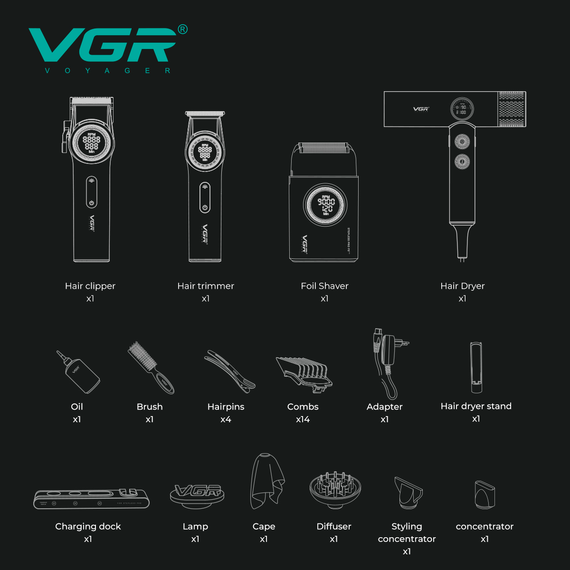 Набор VGR STEPLERSS RPO 4 IN 1 RED, машинка для стрижки, триммер, электробритва, фен | Зображення 2