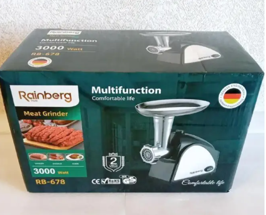 Электрическая мясорубка для мяса с насадками для сока Rainberg 678 обычная бытовая электромясорубка для дома | Зображення 3