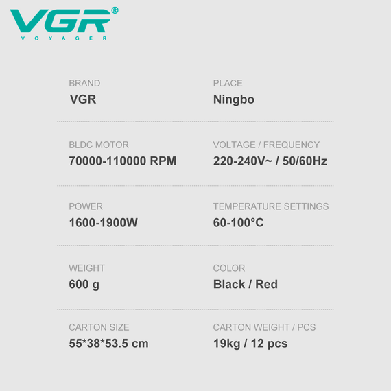 Фен профессиональный VGR V-401 BLACK, 40 уровней обдува, 40 уровней температуры, 3 насадки | Зображення 3