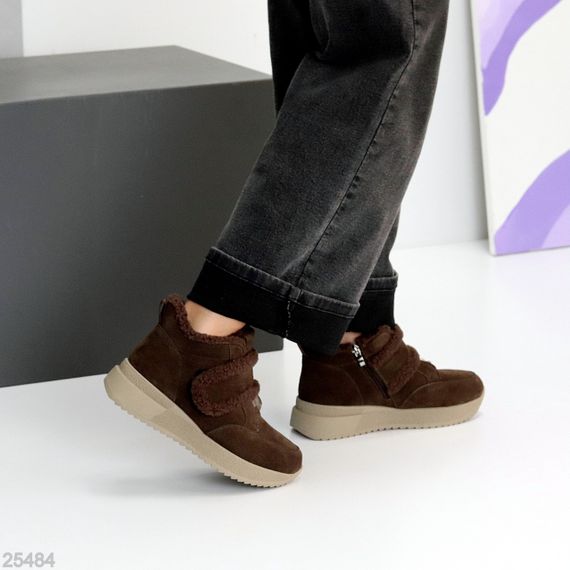 Шоколадные замшевые зимние спортивные ботинки, молния + липучка | Зображення 4