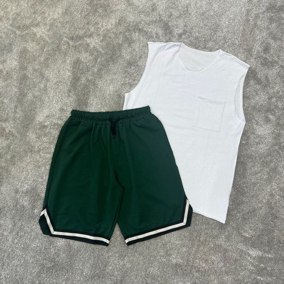 Мужской летний костюм майка и шорты BD0037 цвет белый + зеленый, размер М | Зображення 1