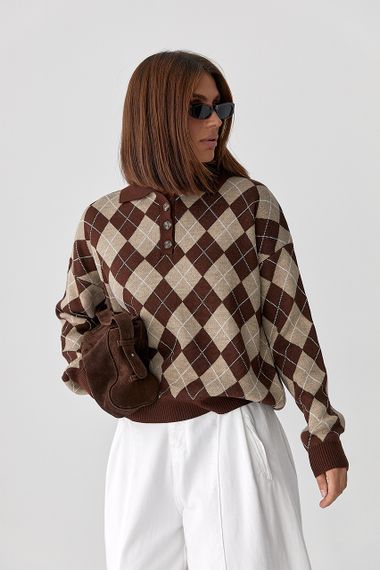 Вільний светр-поло з ромбами - коричневий цвет, ONE SIZE (є розміри)