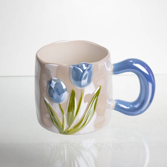 Новорічна порцелянова чашка для чаю та кави "Ніжний Тюльпан" з 3D-декором 400 мл, святкова кружка чашка на подарунок Блакитний | Зображення 1