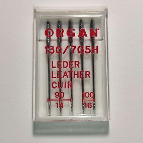 Голки швейні для шкіри та замші ORGAN Leather №90/100 пластиковий бокс 5 штук для побутових швейних машин