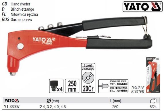 Заклепочник ручной YATO Польша Ø=2,4/3,2/4,0/4,8 мм l=250 мм YT-36007