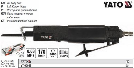 Пила шаблева пневматічна YATO : спож. повітря - 170 л/хв, тиск - 6.3 Bar + 2 полотна (24 і 32 зуби/1")