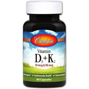Комплекс Вітамін D3+K2 Carlson Labs Vitamin D3 + K2, 50 mcg + 90 mcg 60 Caps CAR-10610