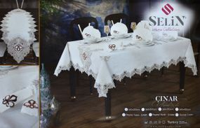 Льняная скатерть с ранером Selin Selin Cinar Set 160×300+12 салфеток кремовая