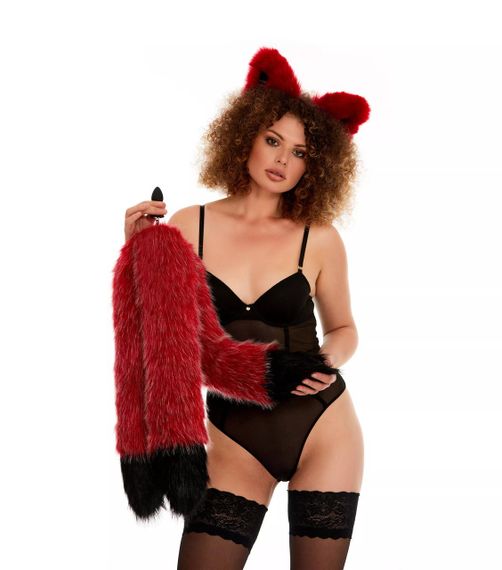 Анальний потрійний  хутряний хвіст без пробки, Темно-червоний з чорним кінчиком, OKOVA 60 см. sexstyle | Зображення 4