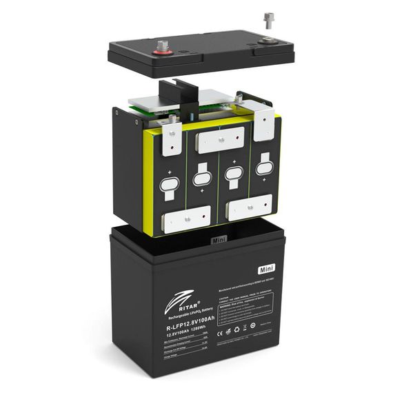Акумуляторна батарея Ritar LiFePO4 12,8V 100Ah mini, 1280Wh BMS50@4S (229 х 138 х 210 мм), 9.9kg | Зображення 1