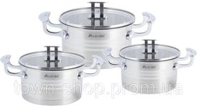 Набор 3 кастрюли Kamille Casserote 1.7л, 2.4л, 3.1л из нержавеющей стали со стеклянными крышками KM-5861