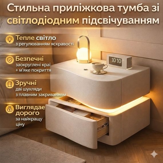 Прикрованная тумба из экокожи с LED-подсветкой и двумя выдвижными ящиками (света)