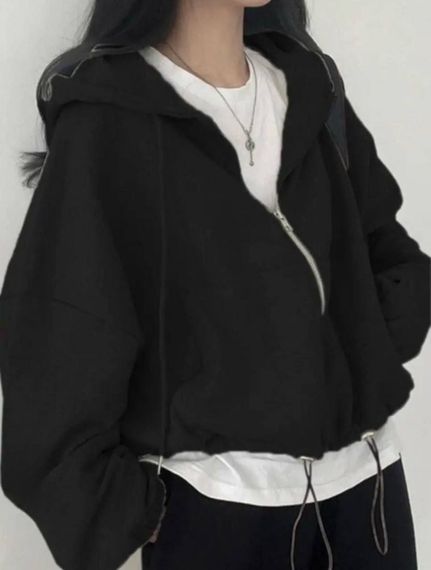 Жіноче укорочене худі оверсайз на блискавці з капюшоном колір чорний розмір 42/48 HI2731