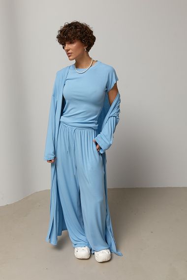 Легкий костюм із довгого кардигана, футболки та широких штанів - блакитний цвет, ONE SIZE (є розміри) | Зображення 4
