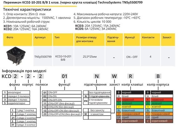 Перемикач KCD2-10-201 B/B 1 клавіша чорна кругла Ny95500799 | Зображення 1