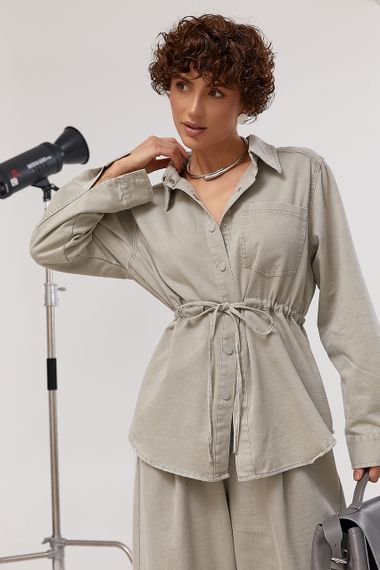 Котоновий вільний костюм із сорочкою на кнопках та прямими штанами - сірий цвет, ONE SIZE (є розміри) | Зображення 2