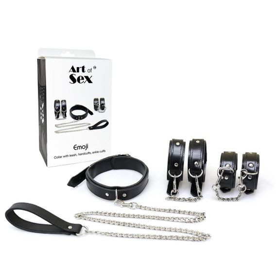 Набір BDSM Art of Sex - Emoji, наручники, поножі, нашийник з повідцем, екошкіра, чорний sexstyle | Зображення 3