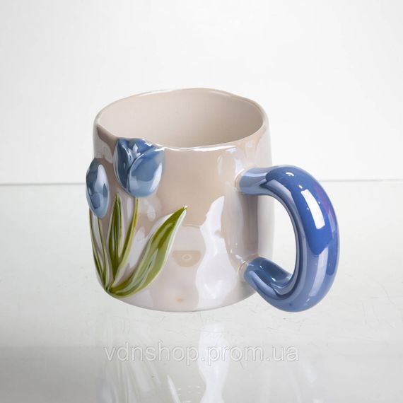 Новорічна порцелянова чашка для чаю та кави "Ніжний Тюльпан" з 3D-декором 400 мл, святкова кружка чашка на подарунок Блакитний | Зображення 2