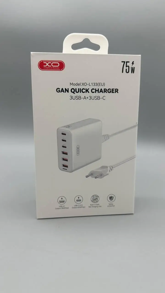 Мережевий зарядний пристрій для телефона XO L133 White 75W GaN
