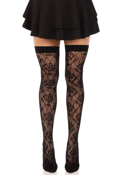 Панчохи Leg Avenue Wild rose net thigh highs, One Size, чорні, широка резинка, малюнок-троянди sexstyle