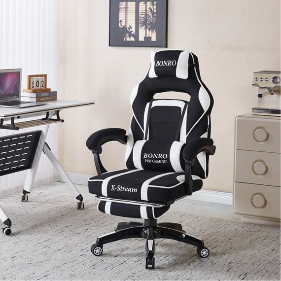Крісло геймерське з тканини Bonro Бонро B-141 чорно-біле з підставкою для ніг (42401112) | Зображення 8