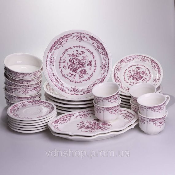 Столовий набір посуду тарілок і чашок 32 предмети на 6 персон «Бордовий Меандр» порцеляновий YY78-3A | Зображення 7