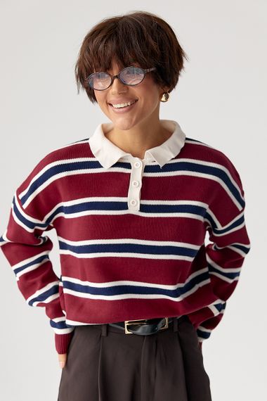 Кофта-поло у смужку вільного фасону - темно-червоний цвет, ONE SIZE (є розміри) | Зображення 4