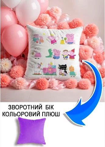 Подушка плюшева Мерч Крафт Дизайн з принтом Свинка Пеппа 03 бузковий плюш квадратна 33х33 см