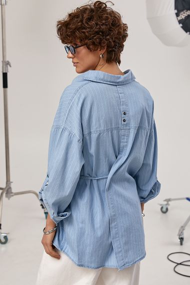 Подовжена вільна сорочка в смужку - блакитний цвет, ONE SIZE (є розміри) | Зображення 1