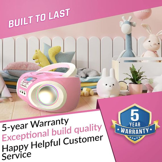 CD-плеер с FM-радио, бумбокс портативный с RGB-подсветкой, USB/AUX на батарейках розовый, проигрыватель дисков | Зображення 6