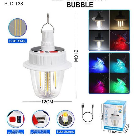 Світлодіодна LED лампа з акумулятором T38-COB+SMD(RGB) 2x18650 сонячна батарея CK-87