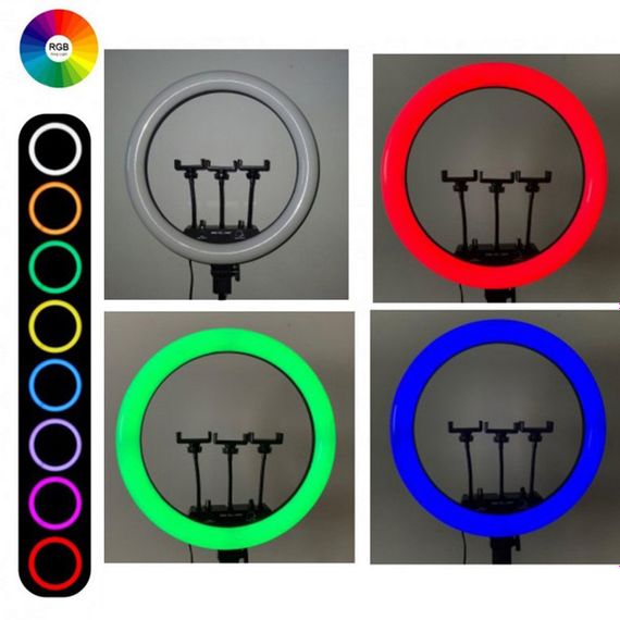 Кільцева LED лампа RGB MJ45 Ring 45 см комплектація адаптер із вбудованим кабелем, тримачі для телефону, пульт | Зображення 3