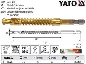 Сверло фрезерное YATO HSS-TIN Ø=7 мм l=92 мм HEX - 1/4" YT-44825