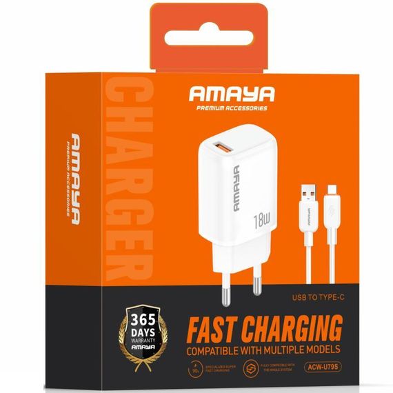 МЗП Amaya U79S QC3.0 18W (1USB-A) + кабель USB to Type-C White | Зображення 1