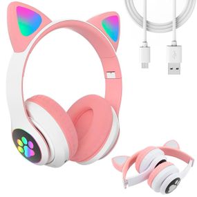 Навушники бездротові з котячими вушками VZV-23M, Рожеві / Дитячі навушники з мікрофоном та кольоровим підсвічуванням / Bluetooth