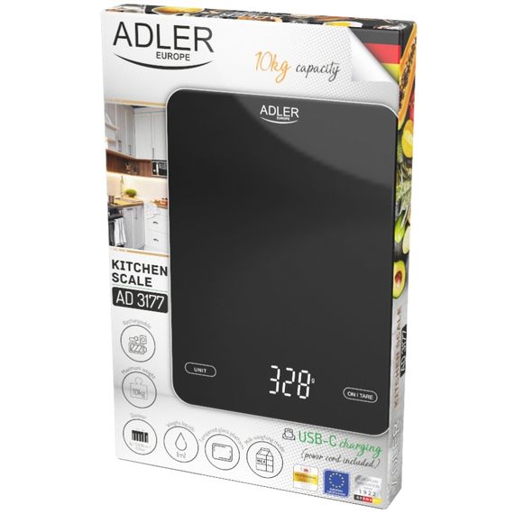 Ваги кухонні Adler AD 3177 black електронні/ 10кг/ г; мл, унція/ USB type C/ автовимкнення/ скло | Зображення 1