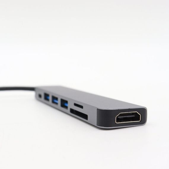 USB-хаб 7в1, Type-C to HDMI + SD + TF + 3xUSB + PD, Сірий / USB розгалужувач для ноутбука / ЮСБ хаб | Зображення 3