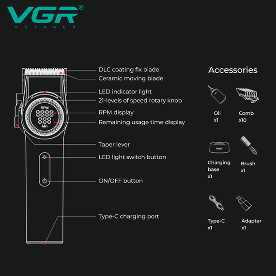 Аккумуляторная машинка для стрижки VGR V-001, 10 насадок, 9000 RPM, АКБ 4600 mAh, LED дисплей | Зображення 5