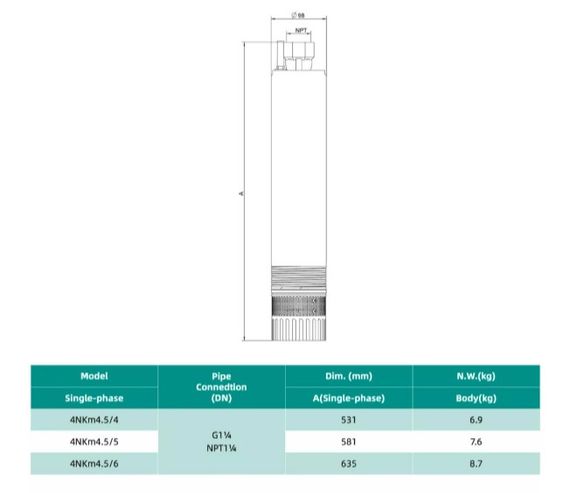 Колодязний насос SHIMGE 4NKm3/7-0.75 з нижнім забором Ø96 мм 0.75 кВт, Qmax 80 л/хв, Нmax 52 м + кабель 45 м | Зображення 2
