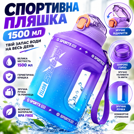 Эко-бутылка для воды SPORTS BOTTLE 1500 мл - большая многоразовая спортивная бутылка с ручкой, фиолетово-голубой градиент | Зображення 5