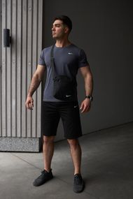 Комплект чоловічий Nike: футболка темно-сіра + шорти чорні + барсетка чорна (9596087963)