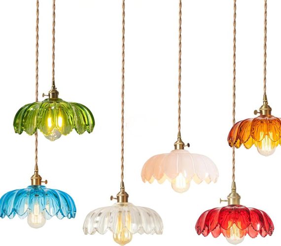 Подвесной светильник люстра 25см стеклянный абажур лотос в винтажном стиле с латунным патроном E27, прозрачный | Зображення 5