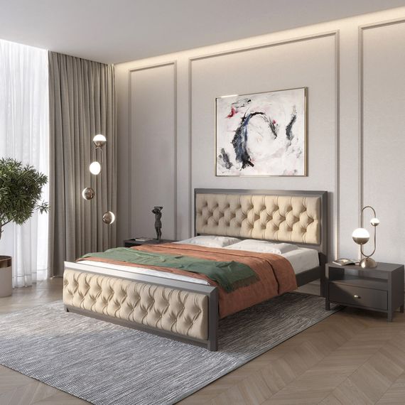 Двоспальне дерев'яне ліжко Mebigrand Барселона Б3 Графітовий (RAL9011)/Аляска 23 (Бежевий) 180х190 см (MBG-12718)