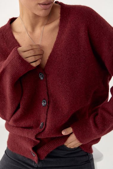 В'язаний вільний кардиган на ґудзиках - бордо цвет, ONE SIZE (є розміри) | Зображення 3